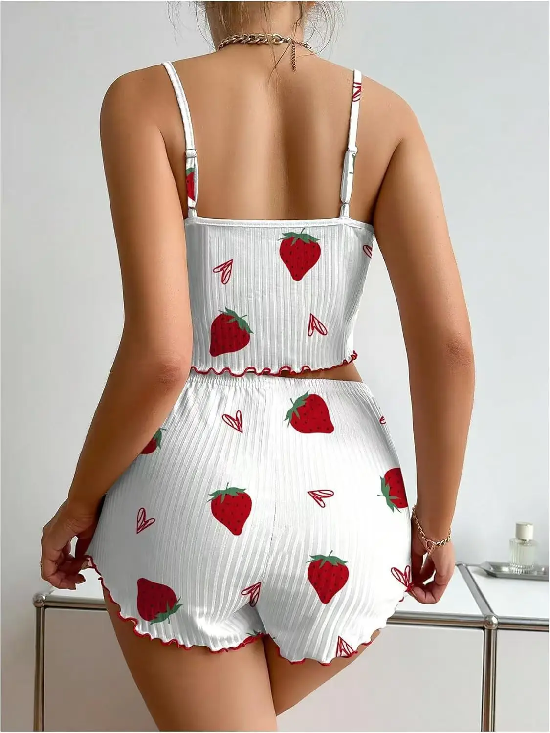 European and American Women's Two-Piece Satin Loungewear Set Strawberry Heart Print Ribbed Camisole Shorts