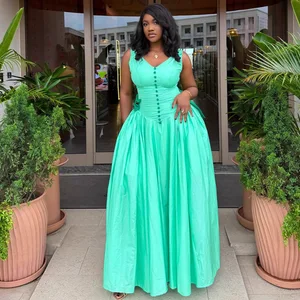STOCK V-NECK Buttons Down Women Plus Size Dress Sleeveless Maxi Dress Africa Casual Robe S-2XL