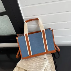 2026 Wholesale Women's Denim Tote Bag with PU Leather Large Tote Bags Office Ladies Working Bag