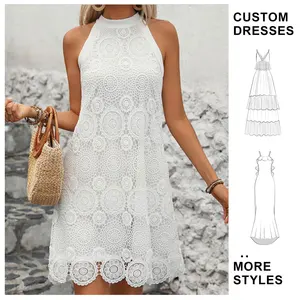 Custom Wholesale 2025 Summer High Quality Dresses Women Beach Sexy Wear Halter Neck Flower Lace Hollow Vacation Casual Dress