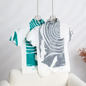 Miyake Latest Fashion Blouse Design Printed Plaid Pattern Short-sleeved Top Women's Casual Pleated Elastic T-shirt