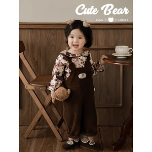 Custom Girls' Cute Little Lucky Bear Overalls 2023 Autumn New Arrival Children's Hand-sewn Furball Cute Pants