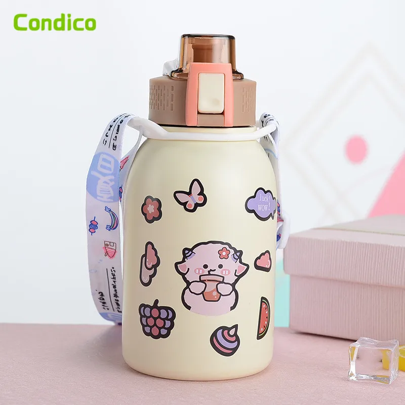 380ML Portable Kids Cute Thermos with Straw 304 Stainless Steel Coffee  Thermos Tumbler Vacuum Flask Water Bottle Cups (Color : Pink)