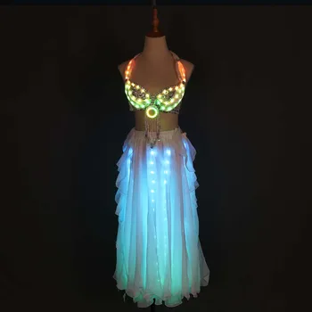LED Color Lights Women Belly Dance Split Skirt Sexy Professional Belly dance Training Clothes Dancing Costumes