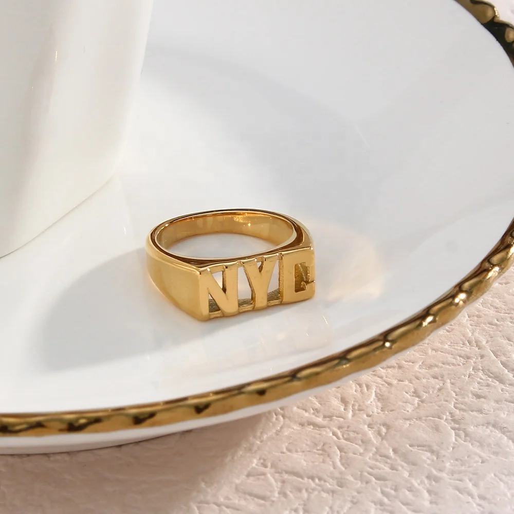 Dreamshow Initial Letter NYC Signet Ring Gold Plated Stainless Steel Rings Jewelry Women