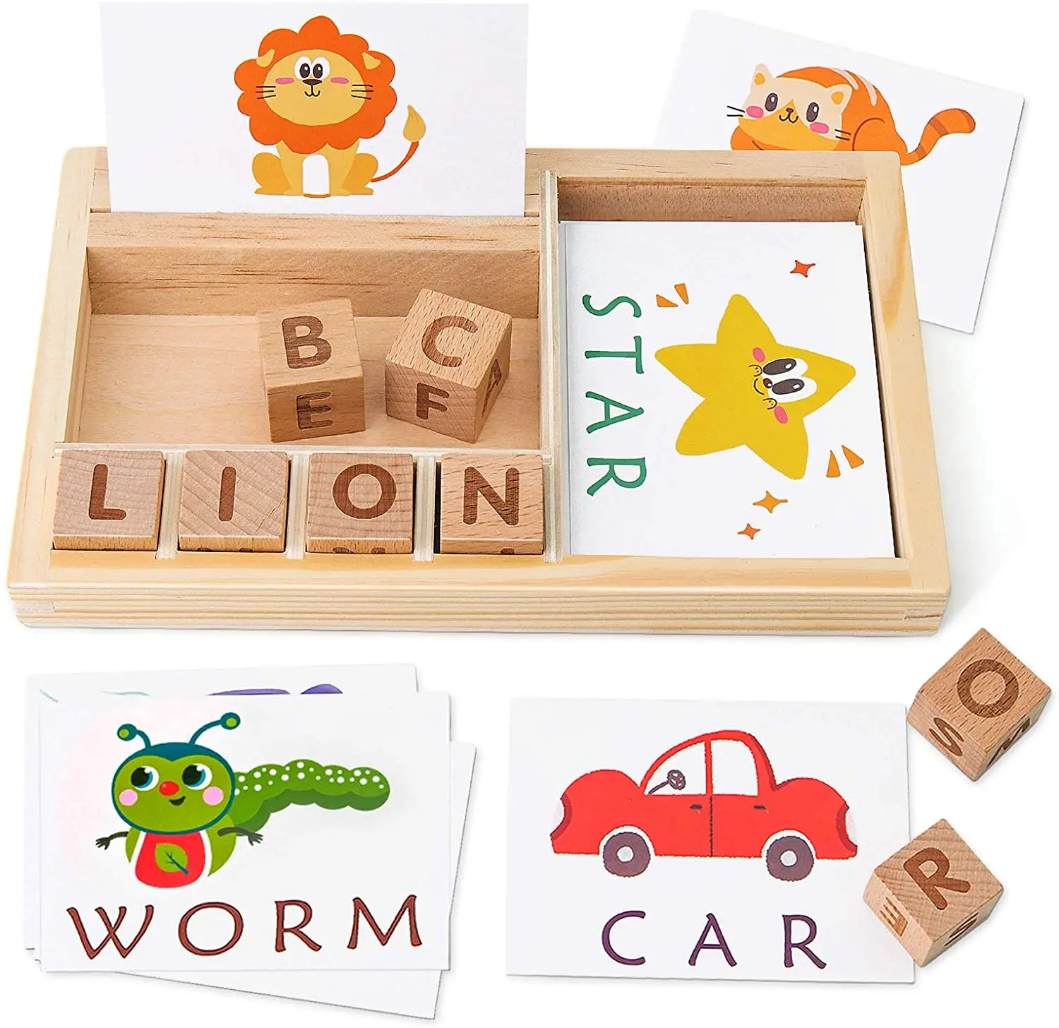 Wooden Toddler See and Spelling Learning Toy Matching Alphabet Word Game with 56 Different Words on 28 Two-Sided Cognitive Cards Letter Jigsaw Puzzle Toys for Kid’s Montessori Preschool Education 