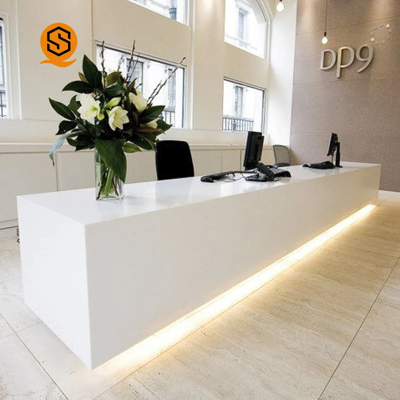 Custom Modern Simple Led Light Office Artificial Stone  Hotel White Reception Desks