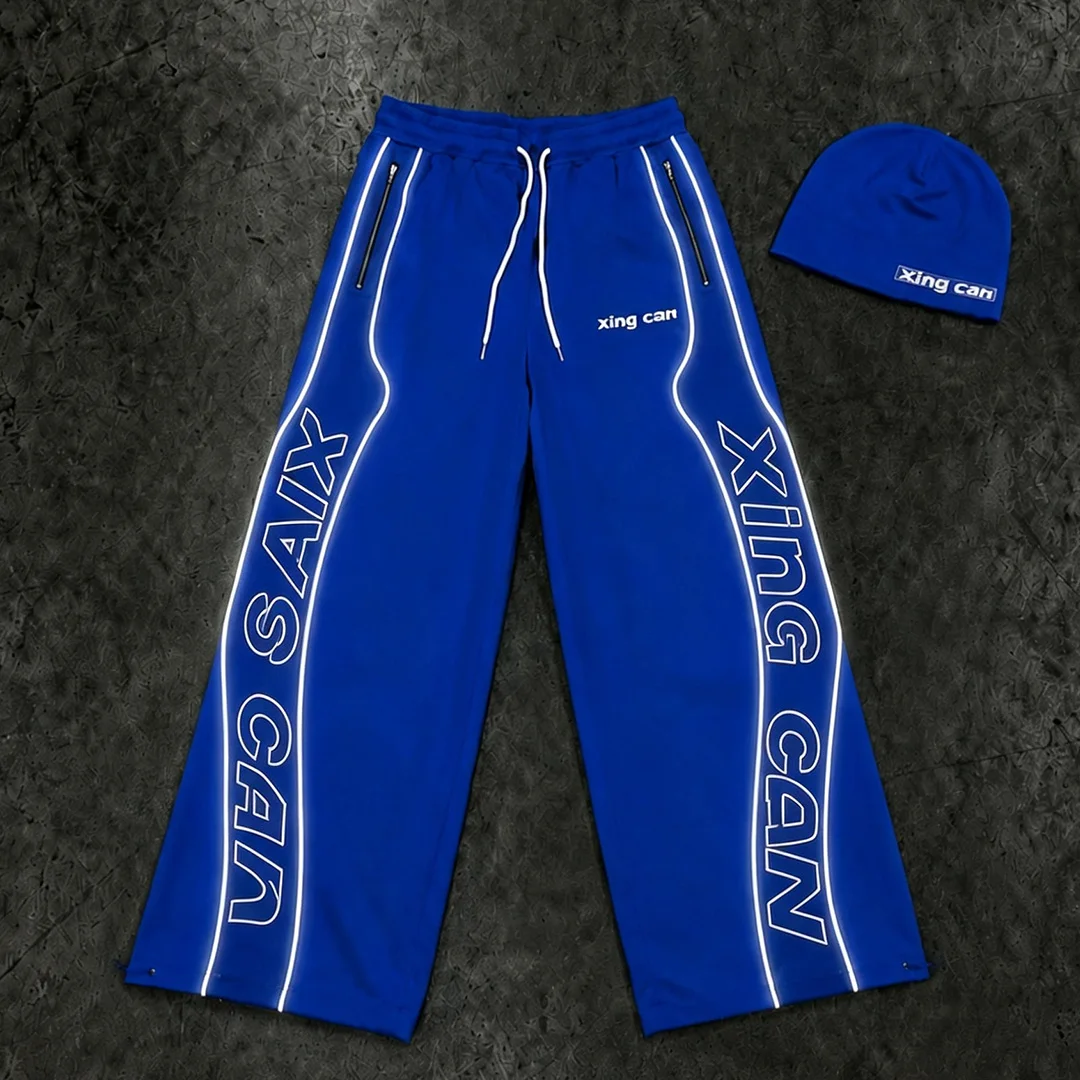 Dostosowane męskie spodnie typu sweatpants w stylu ulicznym, szerokie nogawki, z boczną odblaskową paską, nadruk sitodrukiem, luźne, proste, sportowe spodnie, ODM