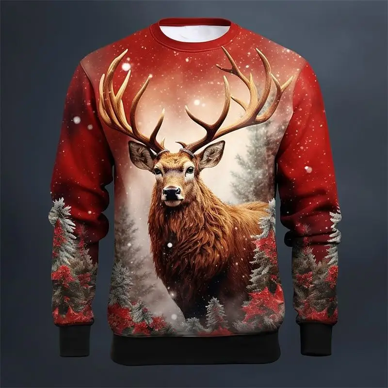2024 autumn new men's printed long sleeve hoodie T-shirt 3d moose pattern personality style round neck top