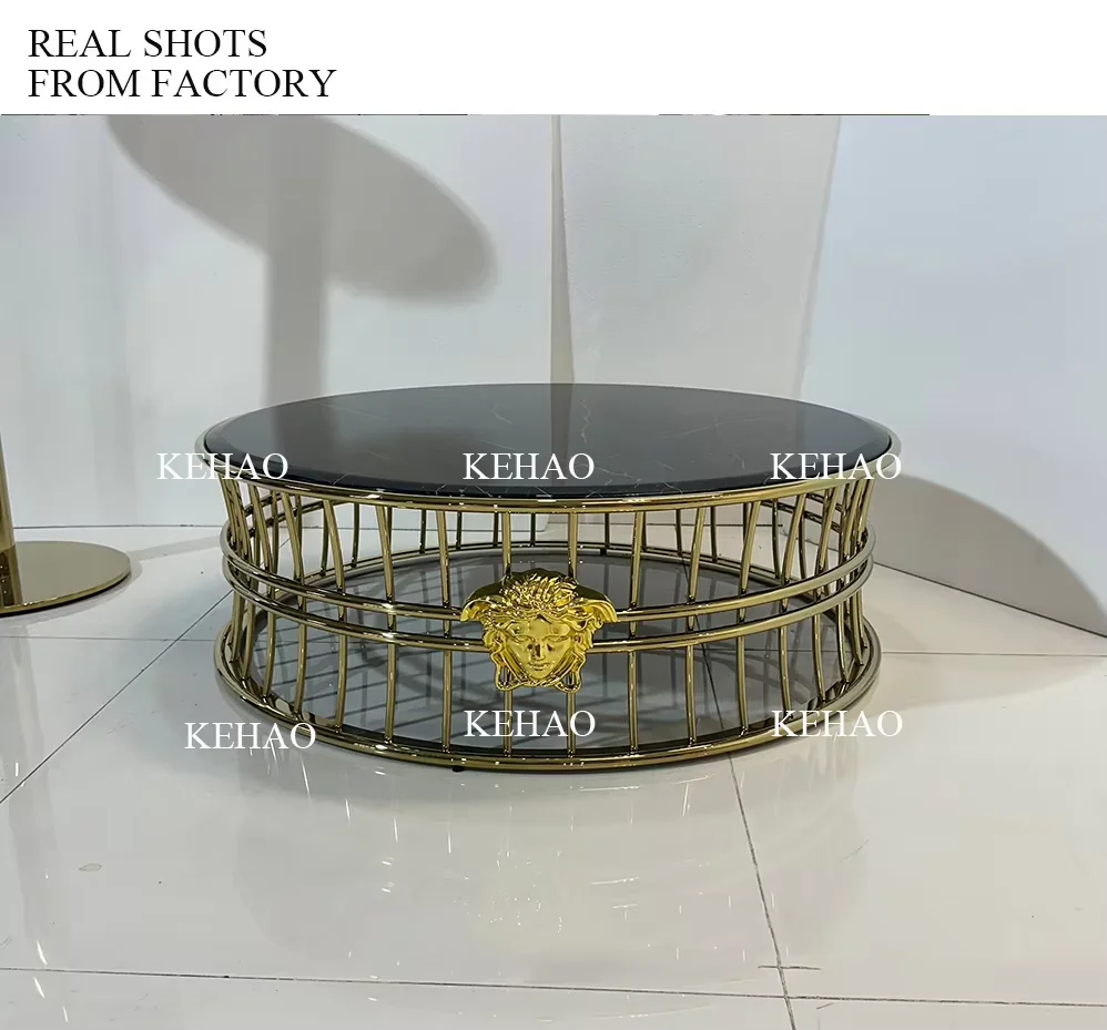 Modern Luxury Middle Center Table With Medusa logo Gold Stainless Steel Base Round Marble Top Coffee Table