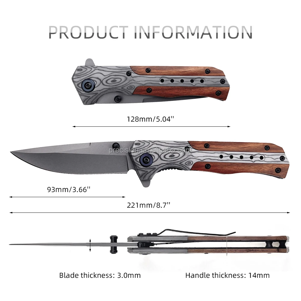 Custom Outdoor Messer Titanium Coating Blade Laser Pattern Tactical Knife Folding Wooden Handle Pocket Knife with Clip