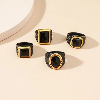 Fashion Punk Polished Black Gold Jewelry Mens Classic Simple Square Ring Jewelry for Gifts