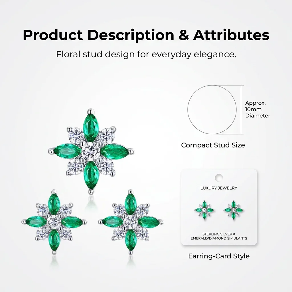 Floral Emerald Stud Earrings Marquise Cut Green Flower Earrings for Women Party Gift