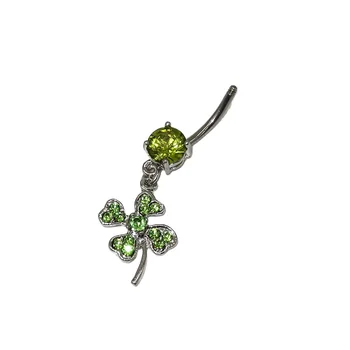 Felicific Four-Leaved Clover Zircon Dangle Belly Button Rings Stainless Steel Jewelry