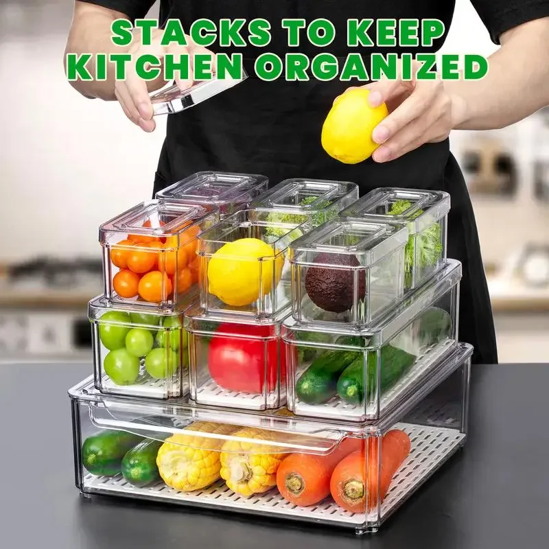 10 Pack Fridge Organizer, Stackable Refrigerator Bins with Lids, Drinks ...