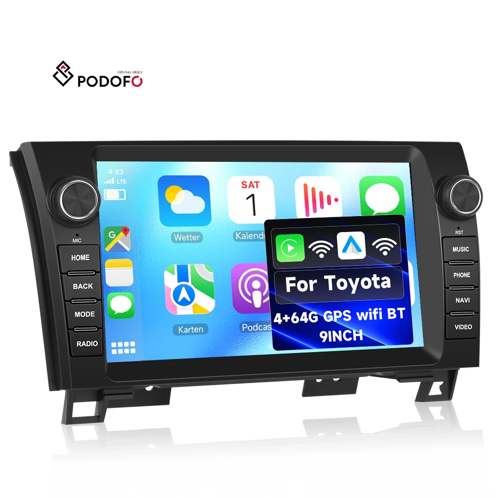 Podofo 9'' Android Car Radio for Toyota Sequoia/Tundra 4+64G Wireless Carplay/Android Auto BT GPS/WiFi/SWC OEM Manufacturer A4554