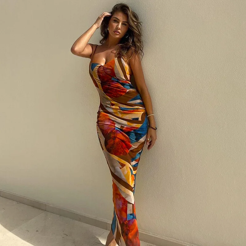 Y207162 Women Fashion Summer Autumn Sleeveless Printed Bodycon Long Pencil Strap Dress Fall Wholesale Clothes Streetwear