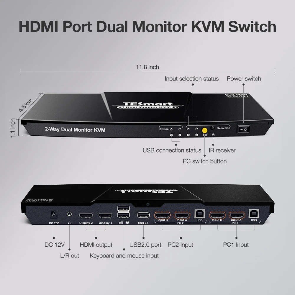 Tesmart Hdmi Selector Kvm 4 Ports Dual Monitor One Keyboard Mouse 2
