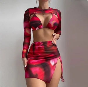 4 Pieces Swimsuit Long Sleeve Swimsuit Cover up Print New Swimwear Women Sexy Bikini Digital Print Adults Strapless Bikini 1000