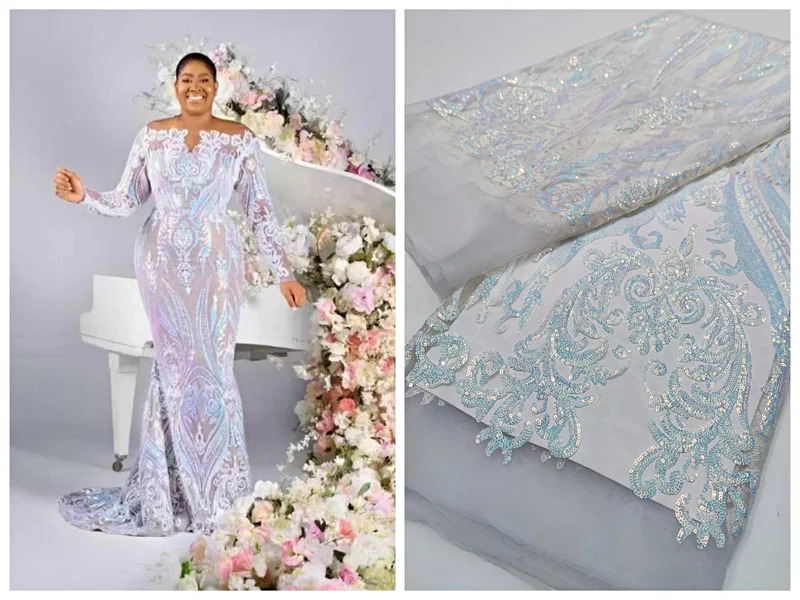 Hot Sale Gold Sequin Lace Fabric Bridal Lace Tulle Mesh Embroidered French Style Lace MN105