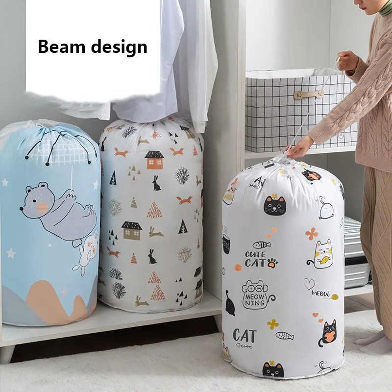 Cylindrical Beam Mouth Drawstring Cartoon Printing Cotton Quilt Household Clothing Finishing Waterproof Moving Storage Bag