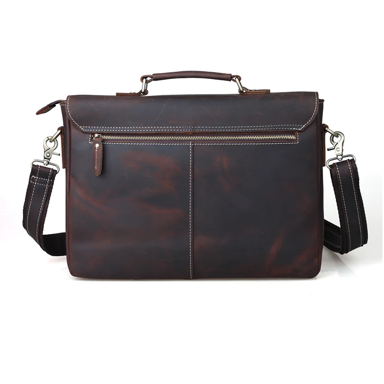 OEM Custom Vintage Style Brown Crazy Horse Leather Mens Shoulder 14 Inches Laptop Bag Leather Messenger Briefcase