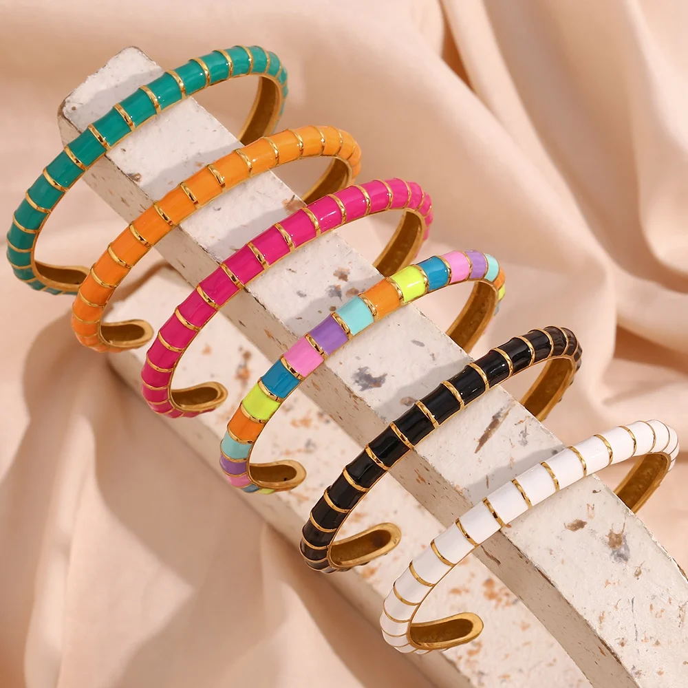 Colorful Enamel Open Design Fine Jewelry Bracelets Bangles for Girls 18k Gold Plated Stainless Steel Bangles for Women