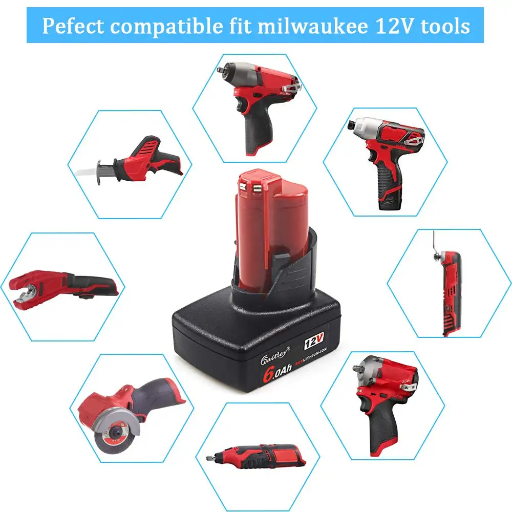 Waitley 12V батарея для Милуоки M12 6.0Ah 6000 мА/ч, литий-ионный питаемый инструментный аккумулятор доступно 48-11-2411 48-11-2440