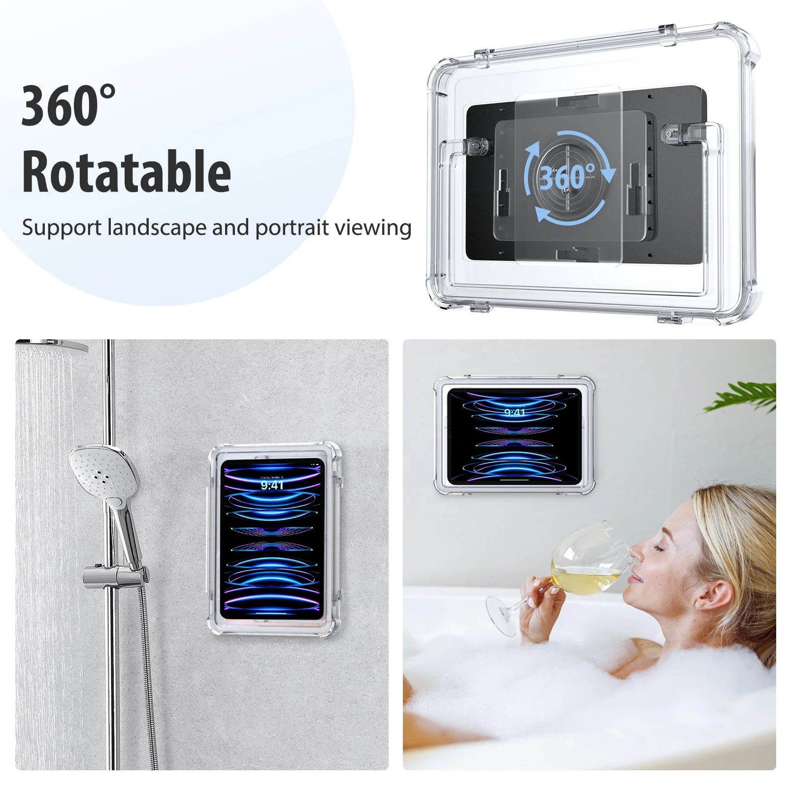 MoKo 360 Rotating Clear ABS Anti Fog Touch Screen Water Resistant Bathrooms Shower Kickstand Tablet Holder for iPad Pro 11