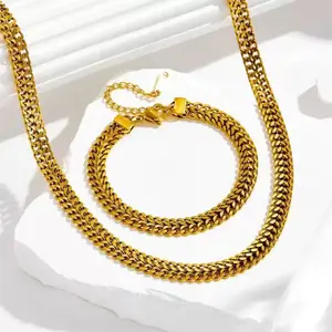 Fashion Retro Simple Cuban Set Bracelet Necklace 18K Gold Plated Stainless Steel Unisex Gift Jewelry