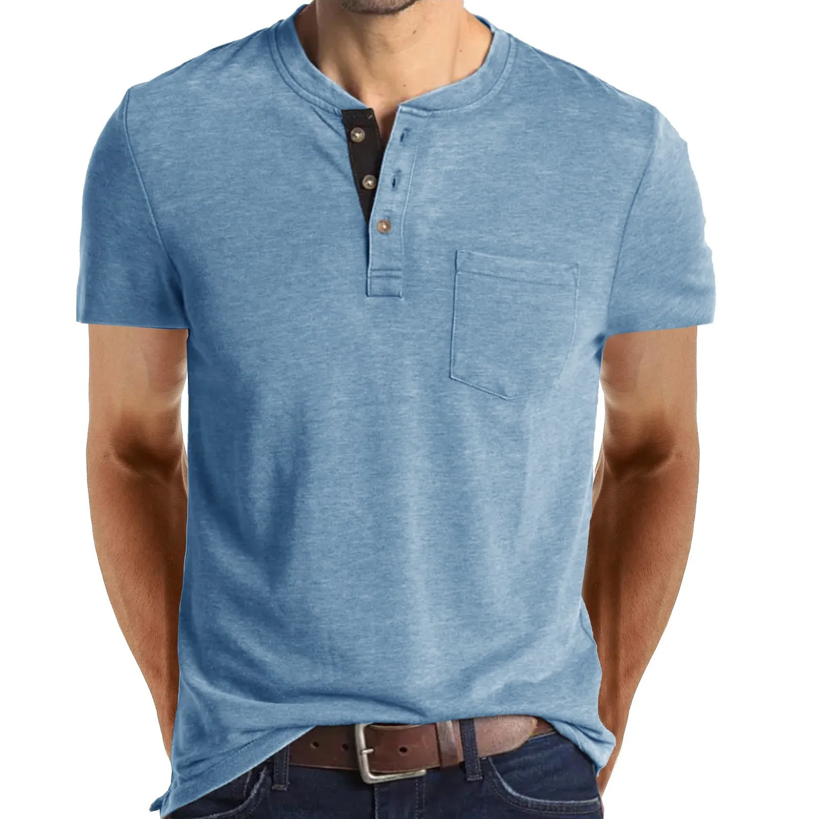 2023 Summer new button men's short sleeve t-shirt solid color loose collar polyester t shirt261_voghion.com