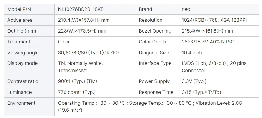 10.4 inch support 1024(RGB)*768 High brightness LCD screen NL10276BC20-18KE, 770 nits, High brightness LCD panel manufacture