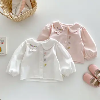 Autumn Korean style baby shirts girls embroidered cute cardigan children's spring and autumn clothing sweet top