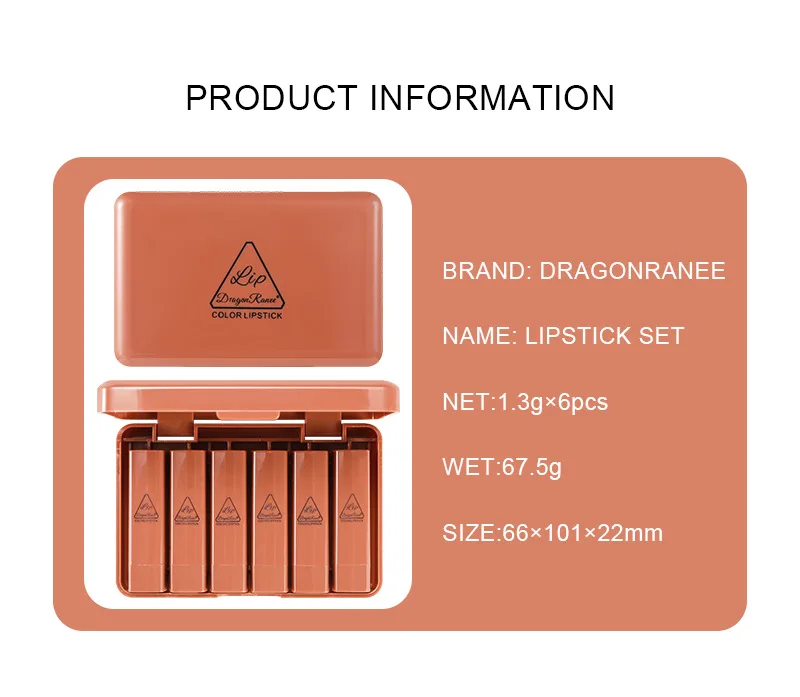 Dragonranee ODM Mini Cute Lipstick Sample Set 6 Vegan Nude Matte Lipsticks and Lip Gloss Lasting Pencil Form Box Packaging