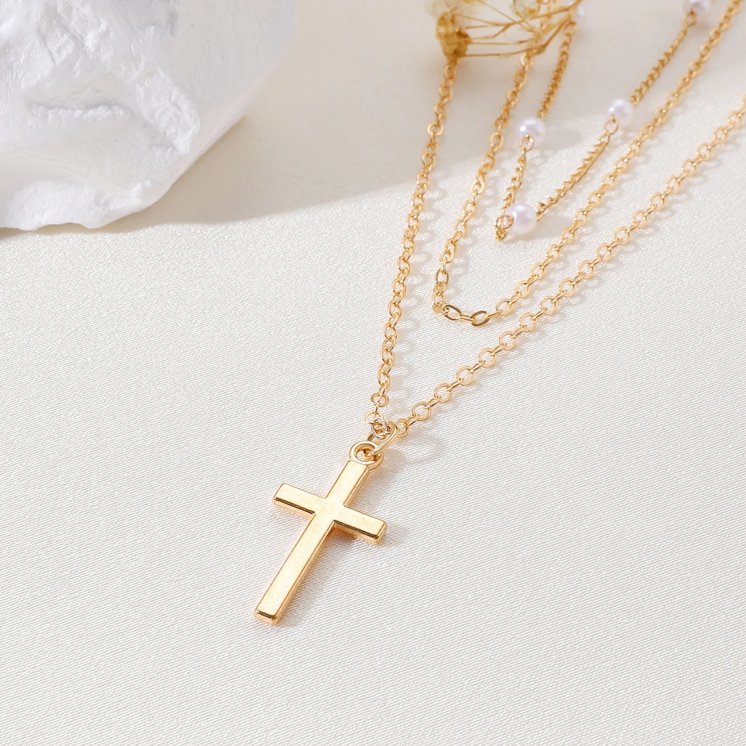 New Laminated Cross Necklace For Women Ins Style Pearl Alloy Multi ...