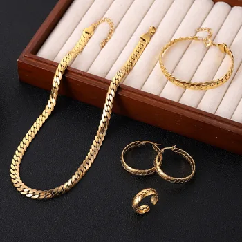 Stainless steel gold blade chain necklace Stainless steel bracelet earrings wholesale women jewelry set