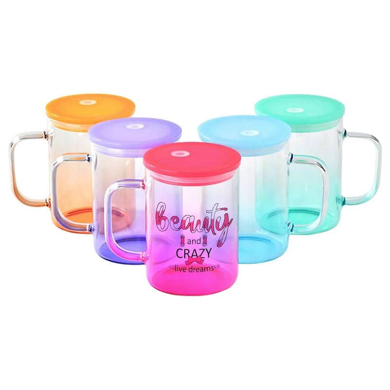 Hot Selling 16oz Sublimation Gradient Color Water Glass Cup With New Lids and Straw Cool Custom Glass Mug