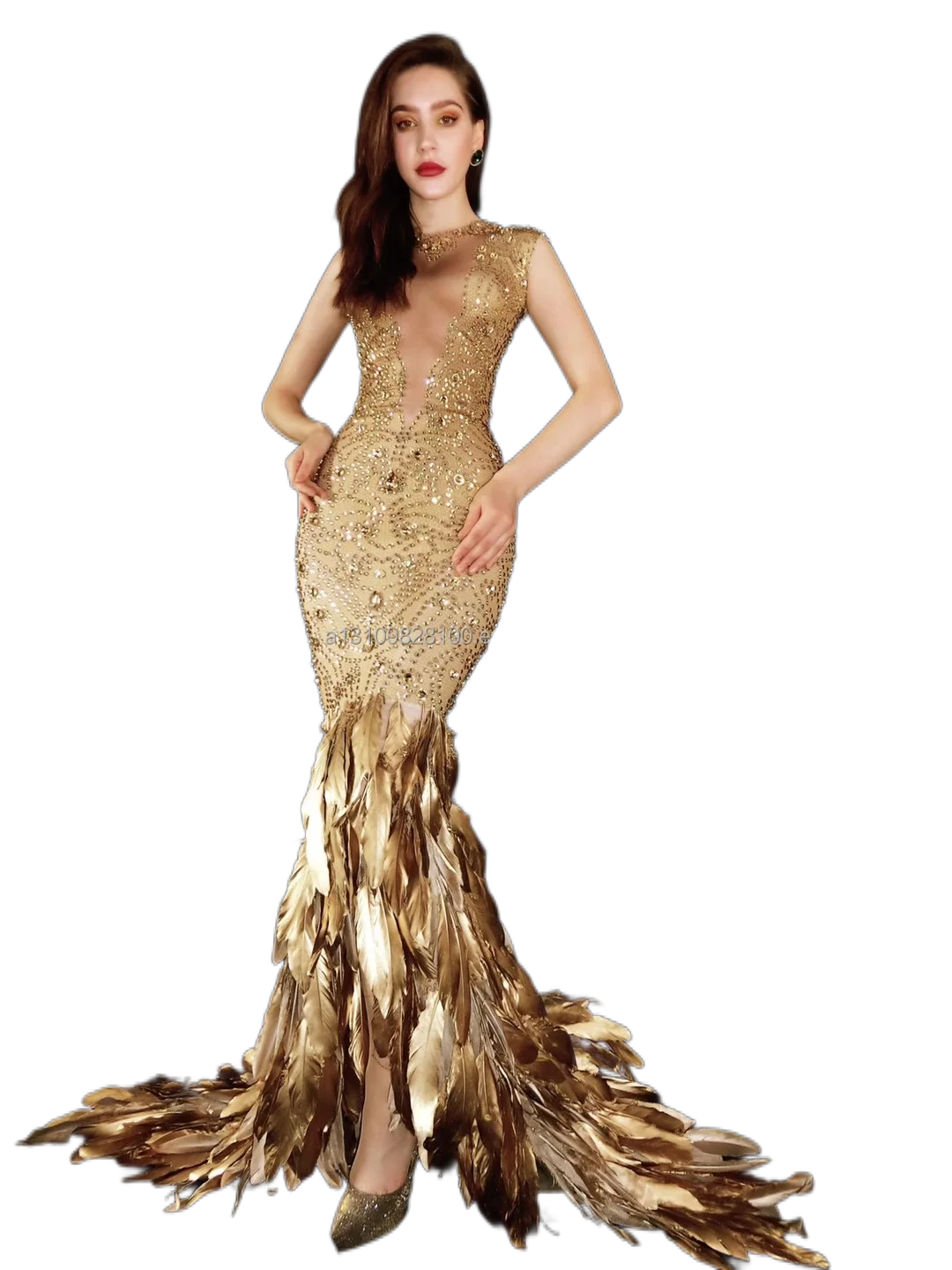 gold sequin and feather dress Ada Formal Sequin Feather Midi Dress main image 1