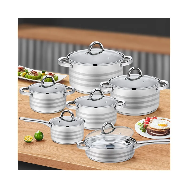 Realwin Factory Quality Cooking Pots and Pans Set 12Pcs Stainless Steel Cooking Pot Set Cookware Sets With Glass Lid