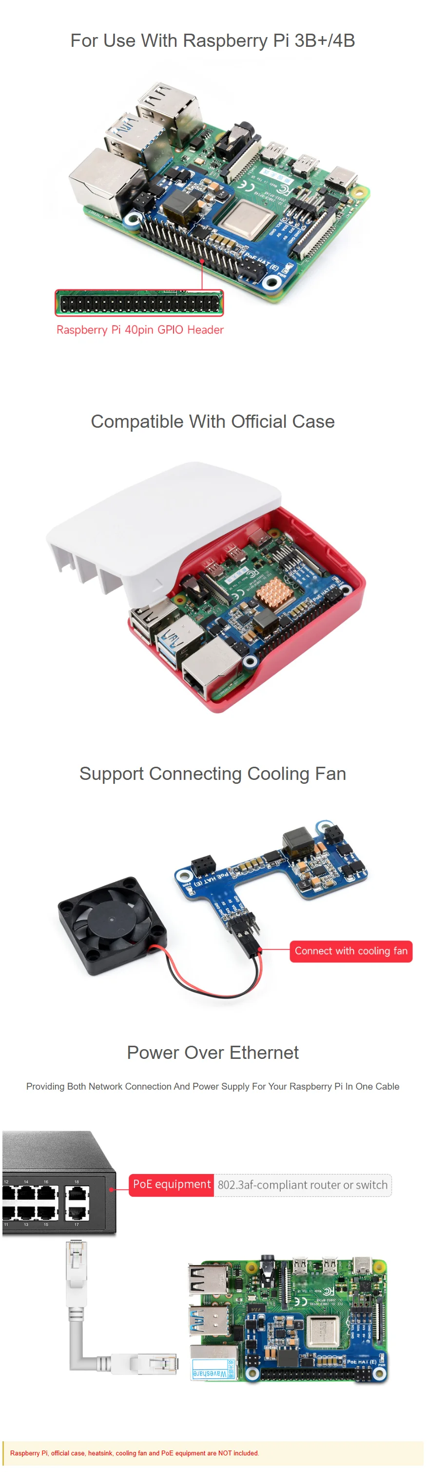 Carte D'extension PoE HAT (D) Pour Raspberry Pi 4B/3B+, Compatible Boîtier Officiel, Ventilateur - Alimentation Via Ethernet 802.3af