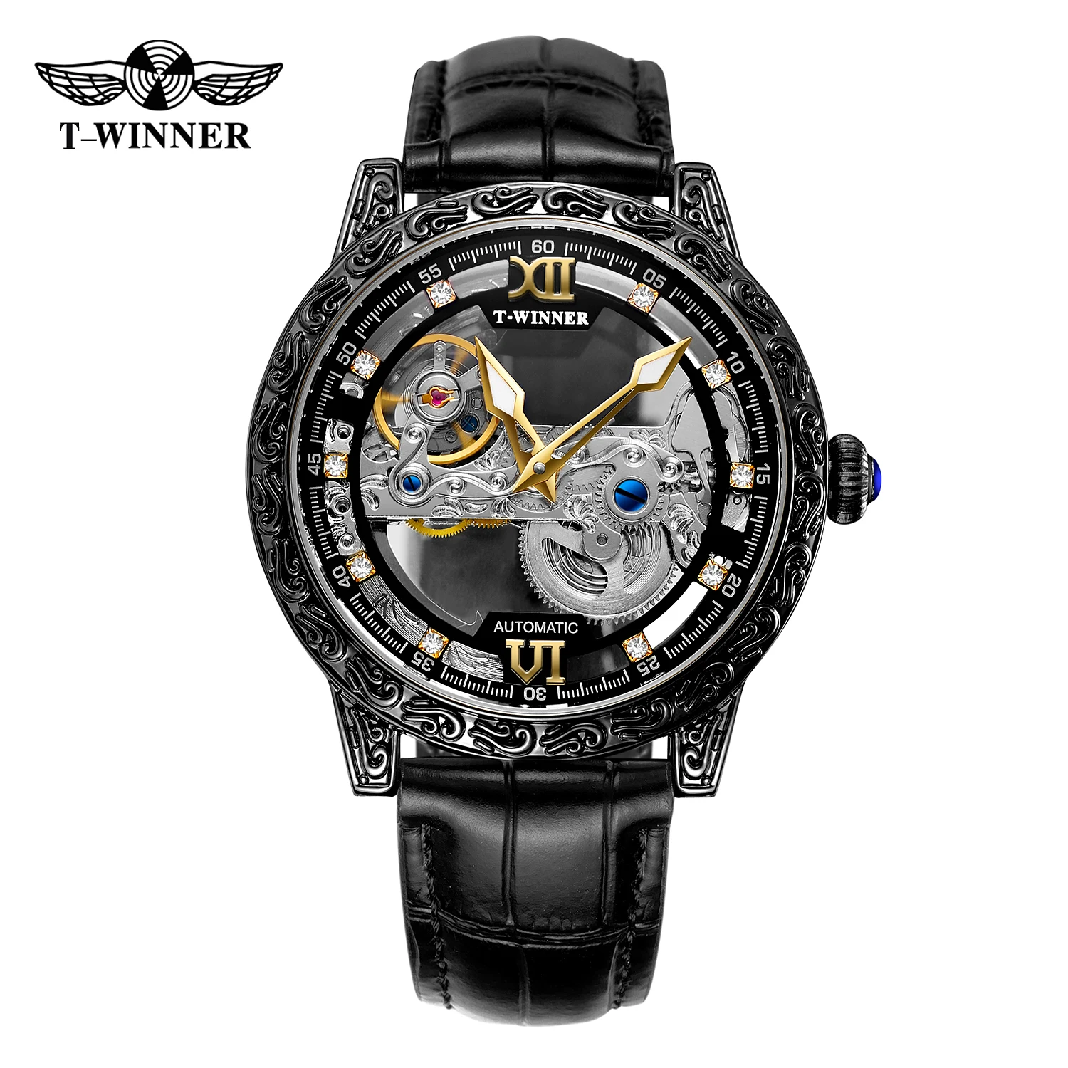 Winner Brand Gold Transparent Wrist Watches Luxury Man Reloj Montre Leather Skeleton Custom Mechanical Automatic Watch for Men