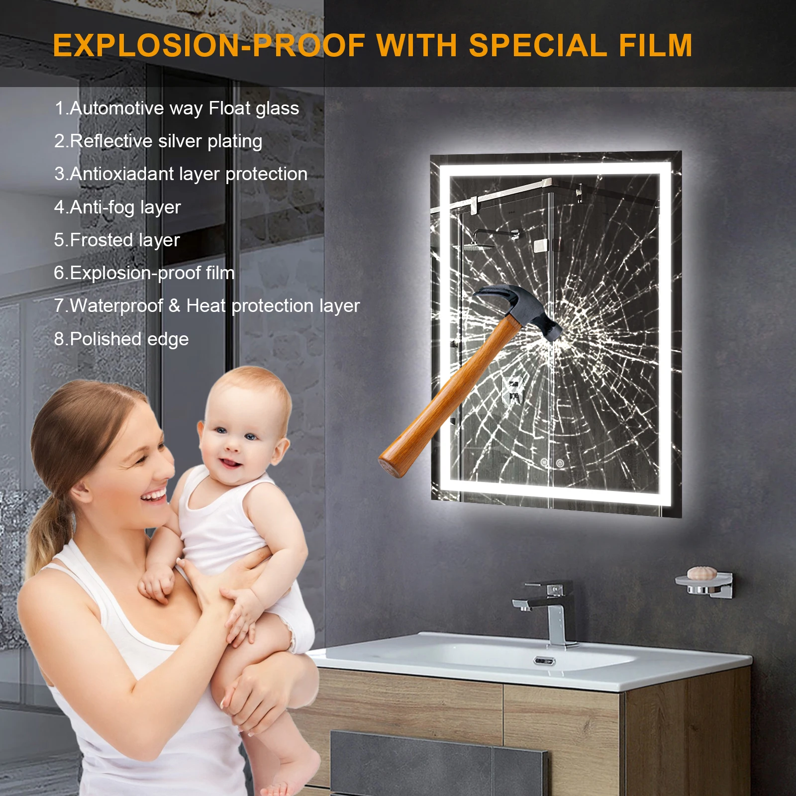 Luxury Washing Room Rectangle Large Illuminate Mirror Wall Mounted