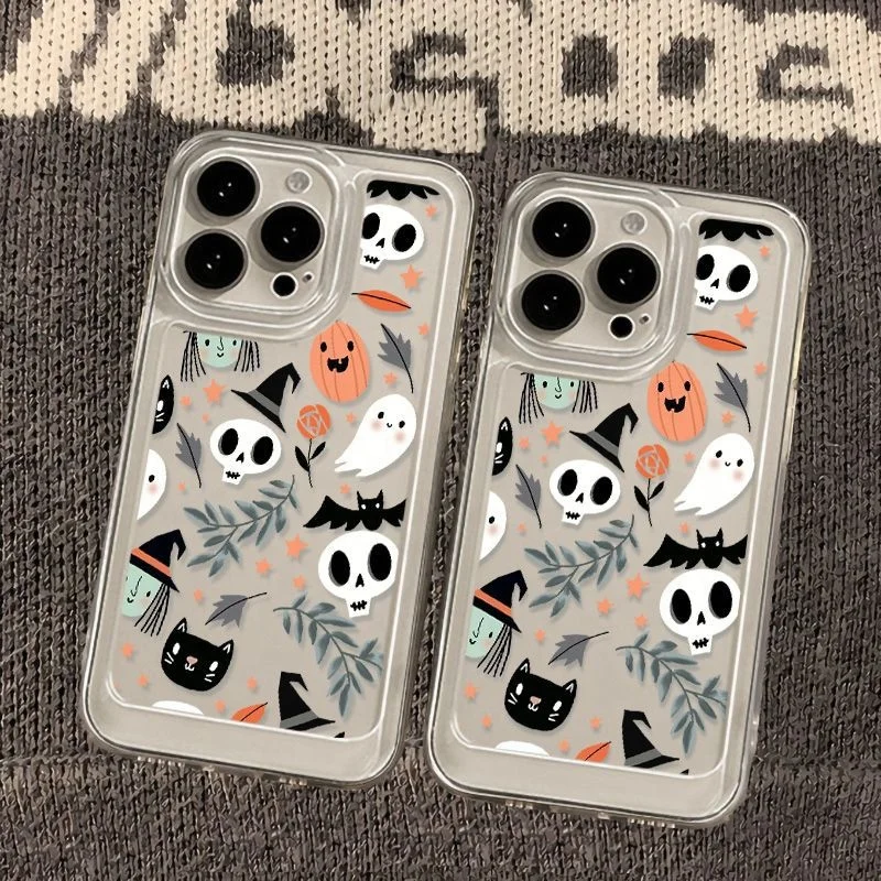 Coque de téléphone Halloween pour Iphone 16 15 14 13 12 11 Plus Pro Max claire en TPU souple anti-jaunissement et résistante aux chocs  