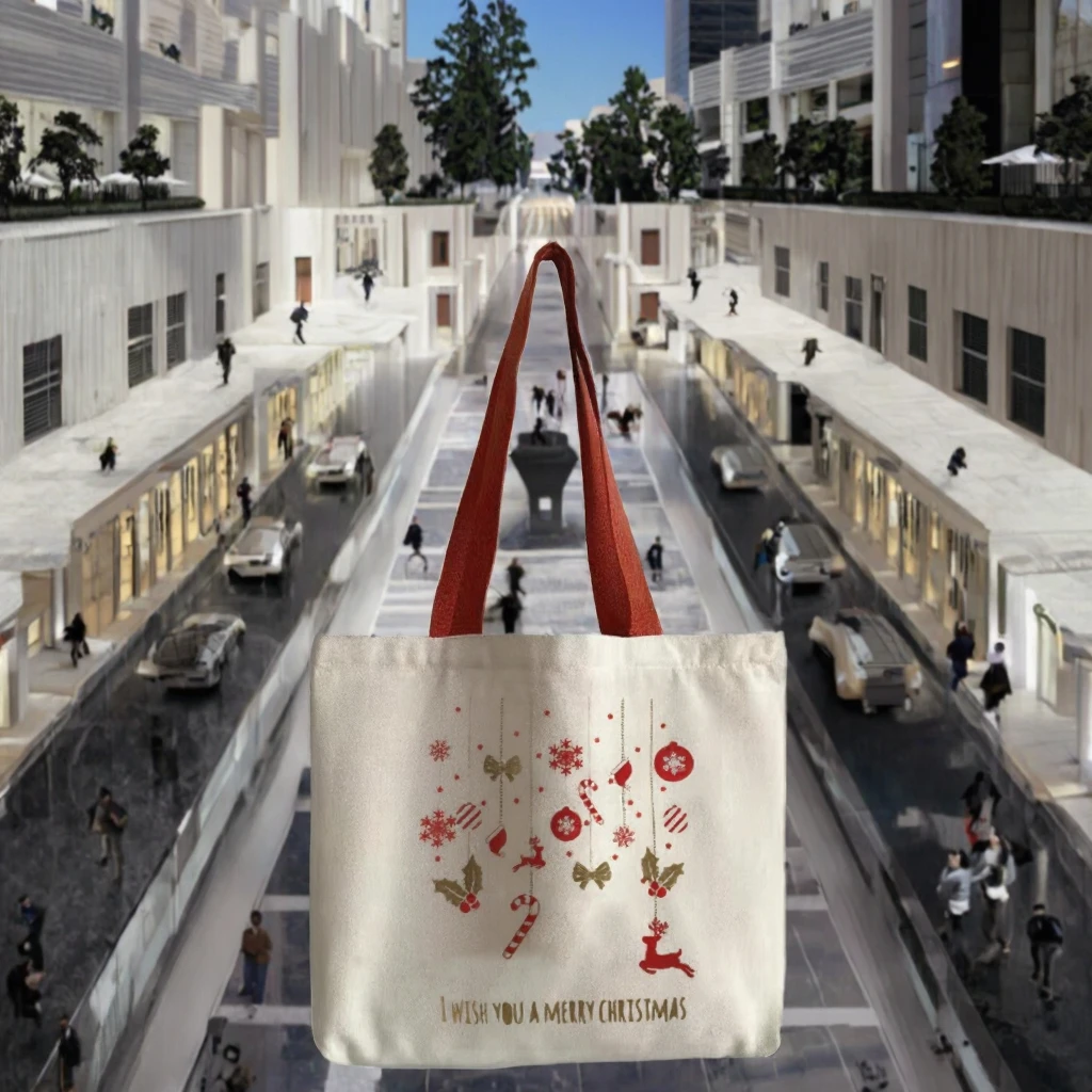 Christmas Canvas Tote Large Capacity Handbag Ribbon Rope Shoulder Strap Letter Print for Outdoor Picnic Party Travel Shopping details