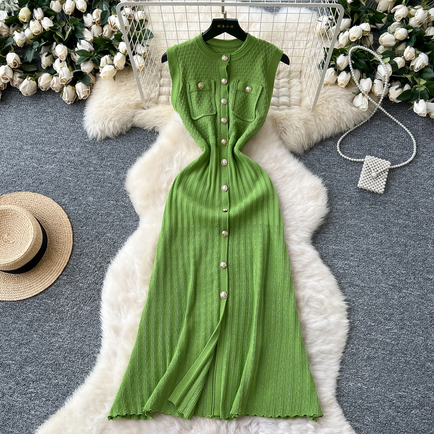Elegant Dresses LW1378 Round Neck Sleeveless Metal Button Slim-Fit Knit  Dress for Women Luxury Women'S Elegant Dress