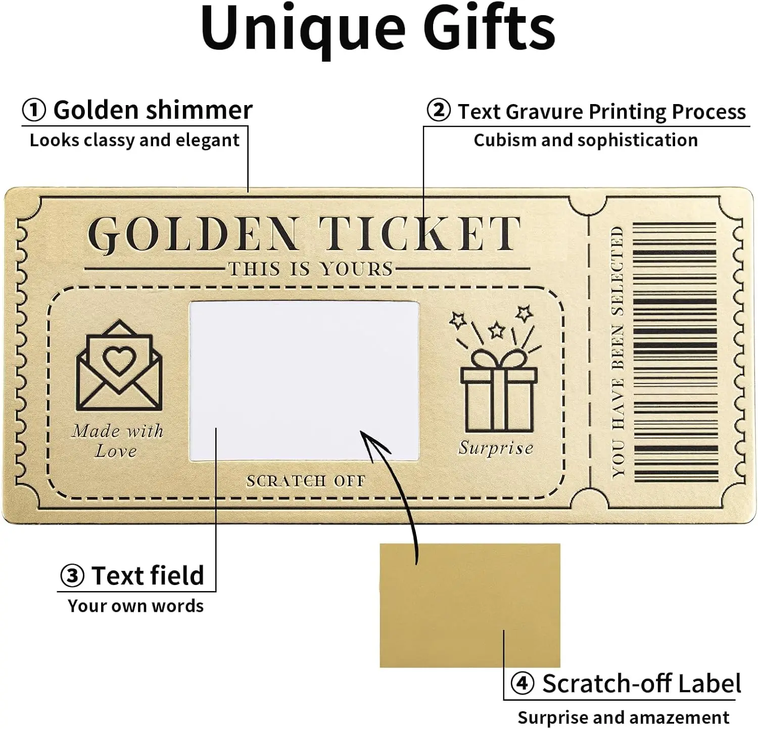 Golden Ticket Scratch-off Cards with Envelopes for Writing Your Own Special for Birthday Valentine's Day Christmas Gift Card
