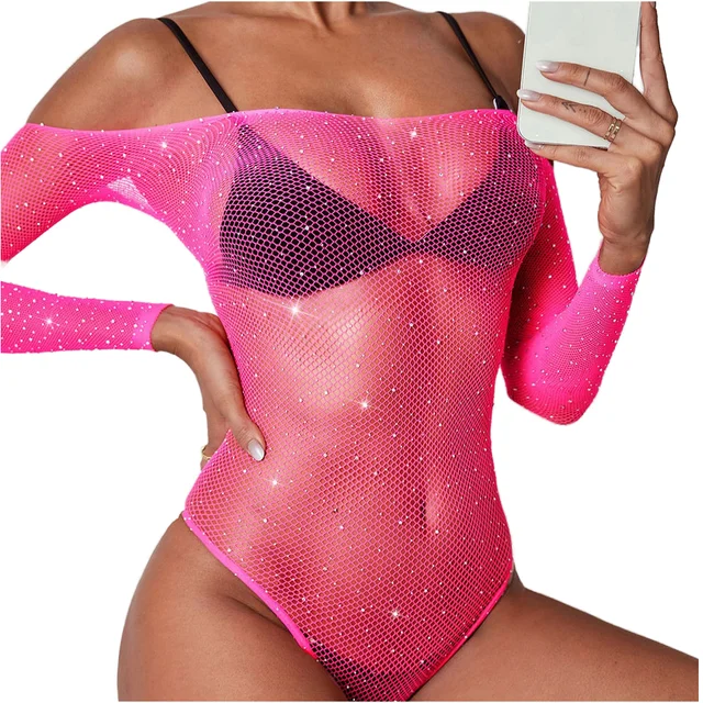 Hot Selling Women's Pink Fishnet Teddy Bodysuit Sexy Rhinestone Studded Underwear Wholesale Supply without Liner