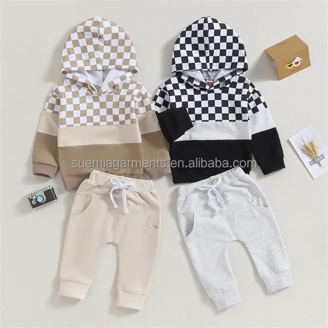 Autumn Long Sleeve Plaid Patchwork Hoodie Tops Elastic Waist Pants 2pcs