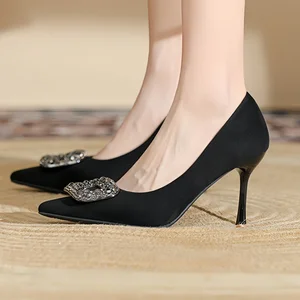 Women's Sexy Black Suede High Heels Pumps Not Tire Pointed Toe Stiletto Hard-Wearing Rhinestone Wedding Bridal Slides for Women