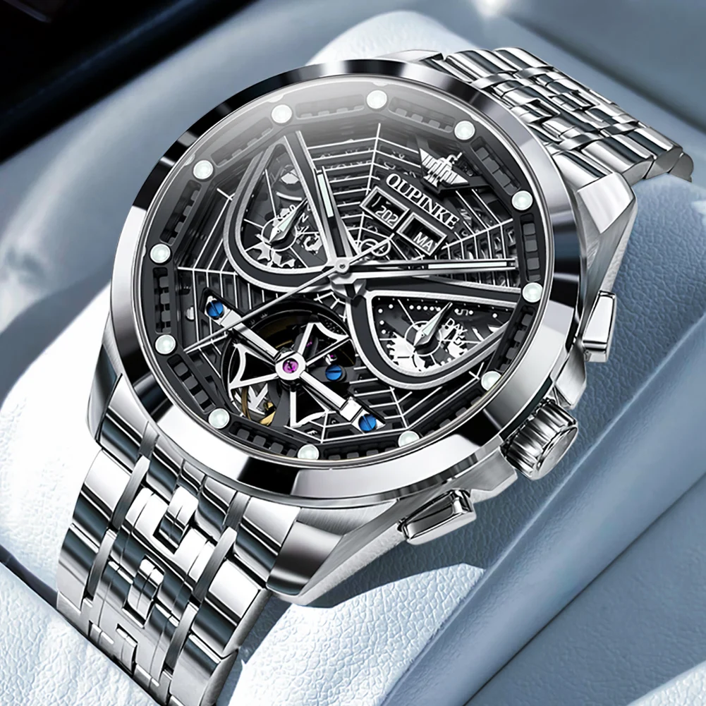 Oupinke Men's Stainless Steel Skeleton Mechanical Watch With